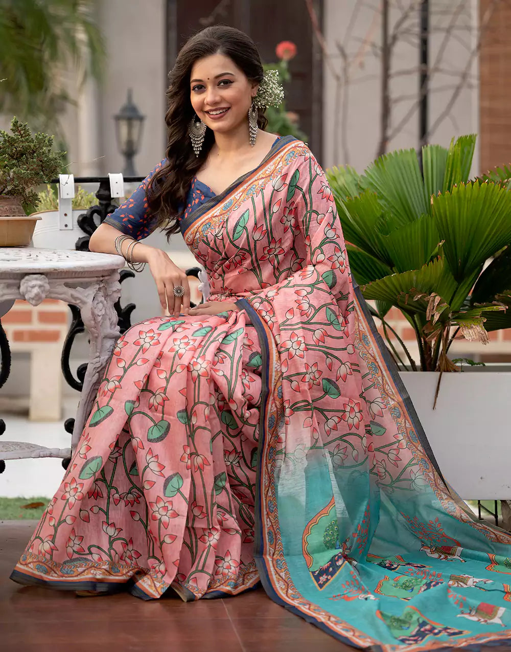 Pastel Peach Soft Pichwai Print Mul Linnen Cotton Sarees