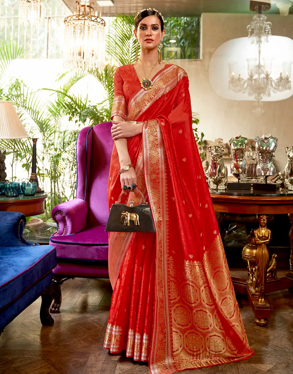 Latest Fancy Hot Red Colour Kanjivaram Silk Saree