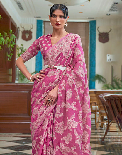 Flamingo Pink Cotton Saree With Designer Blouse