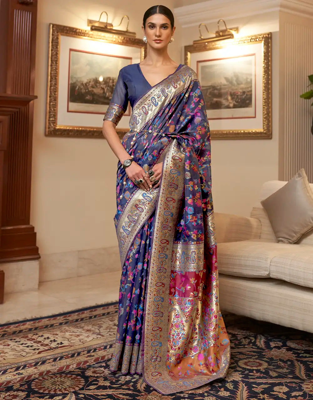 Blue Kashmiri Weaving Silk Saree With Blouse