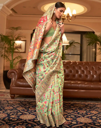 Mint Green Kashmiri Weaving Silk Saree With Blouse