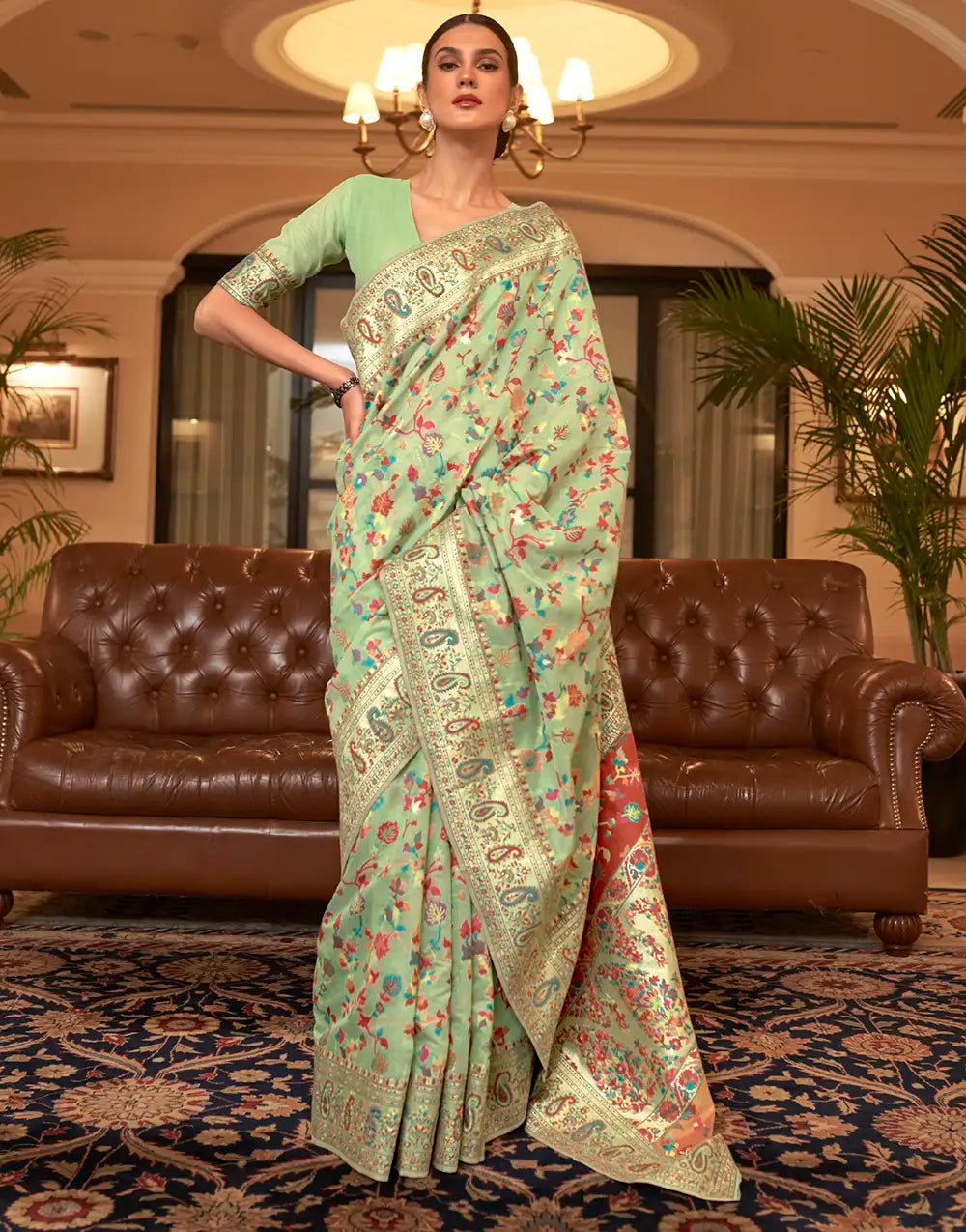 Designer Mint Green Colour Banarasi Silk Saree