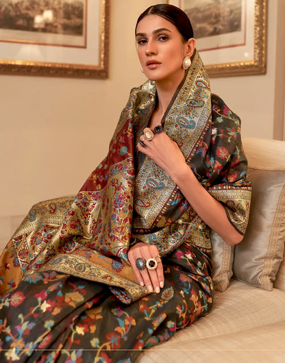 Stylish Black Kashmiri Weaving Silk Saree