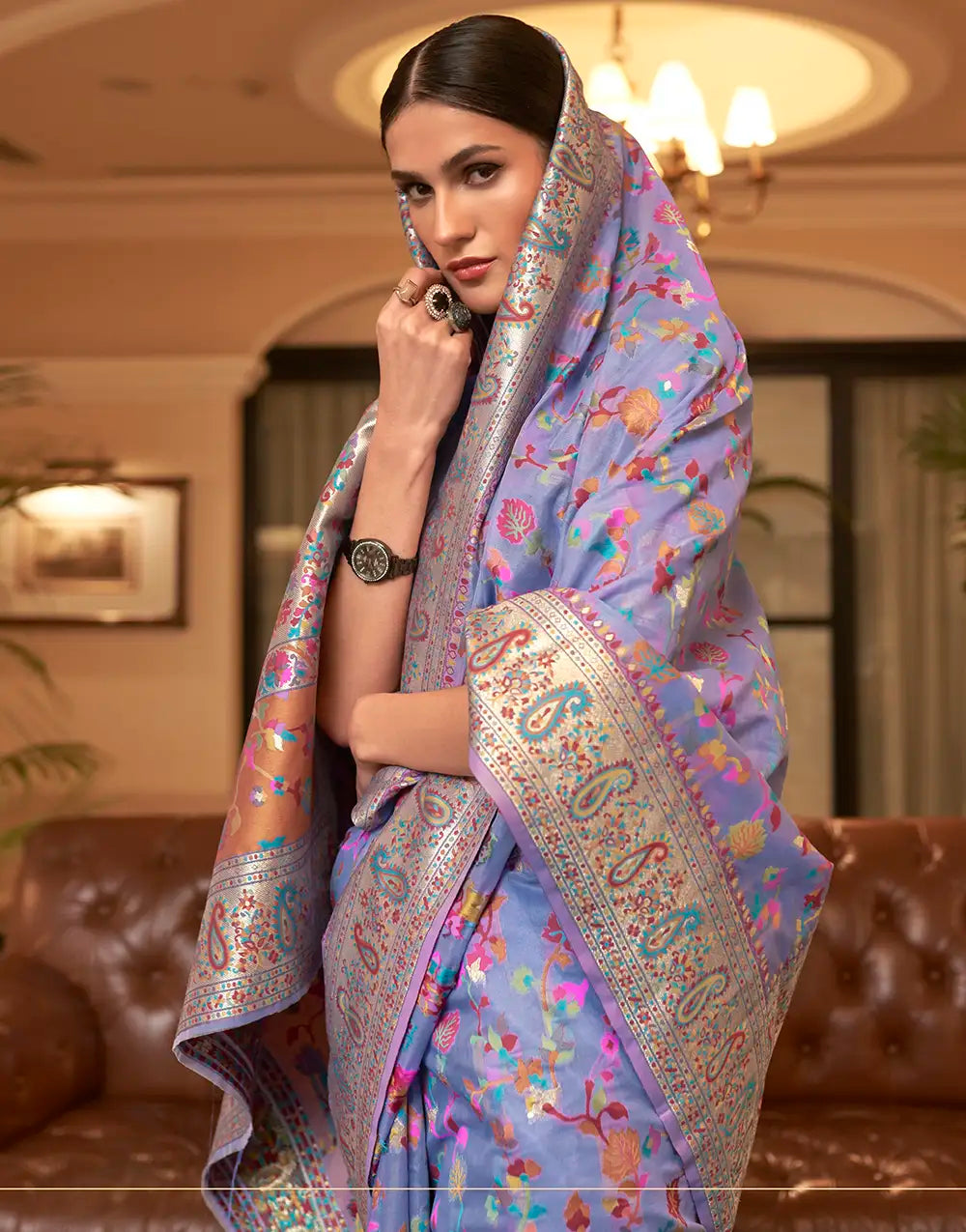 Attractive Lavender Kashmiri Silk With Weaving Saree