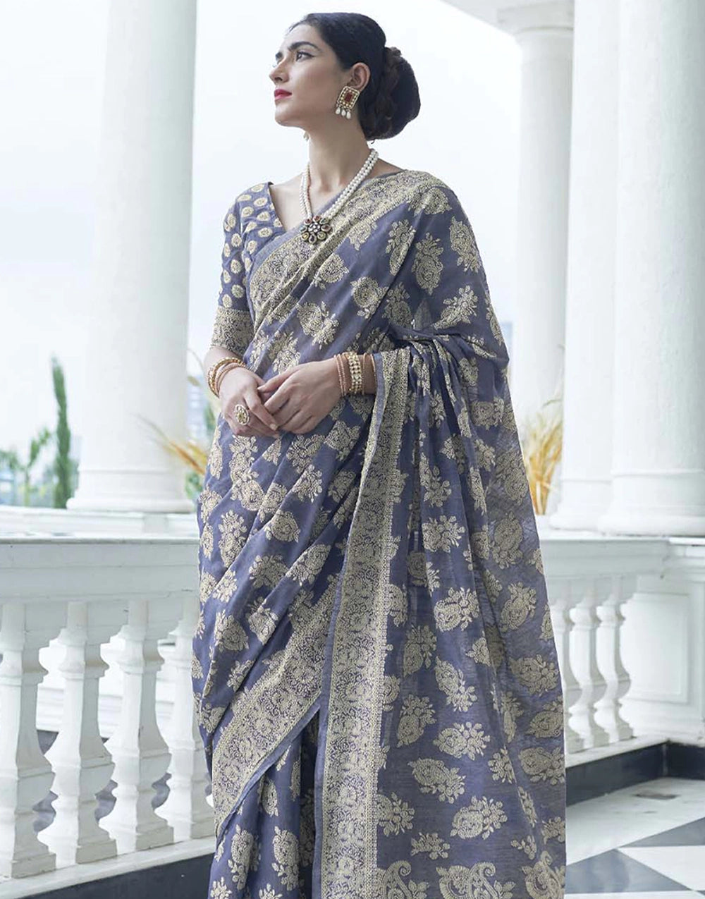 Beautiful Grey Lucknowi Cotton Silk Saree