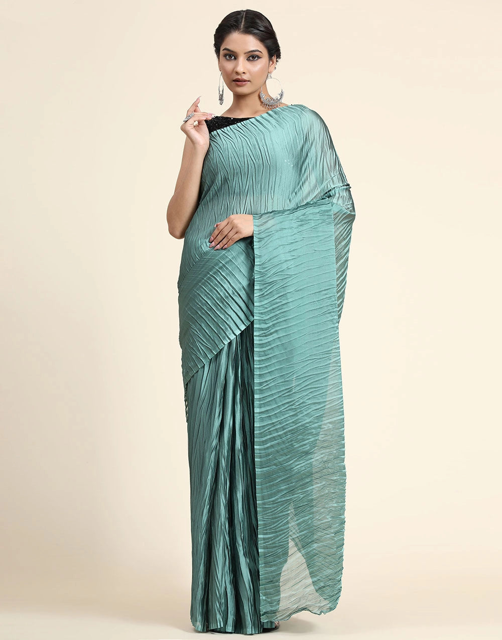 Sea Blue Pleated Rangoli Silk Saree With Belt