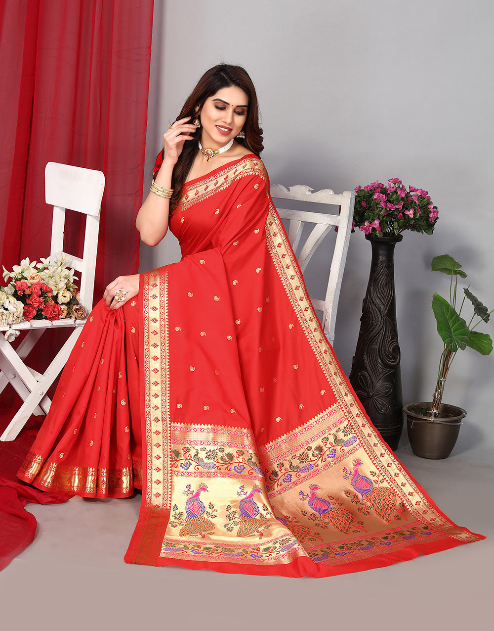 Red Paithani Saree With Zari Weaving Work