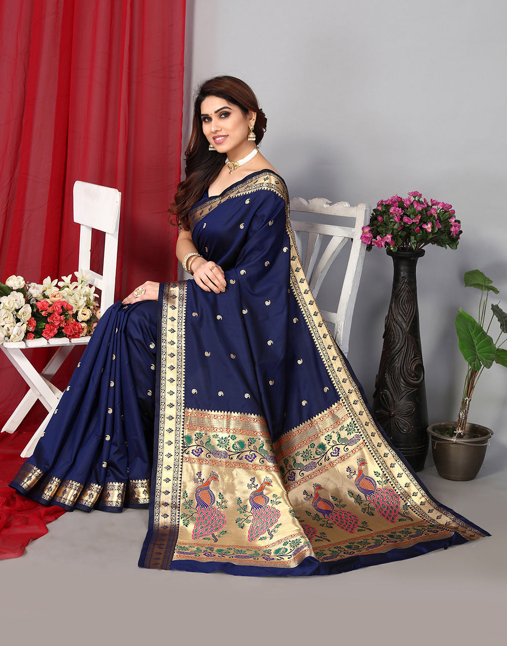Blue Paithani Saree With Zari Weaving Work