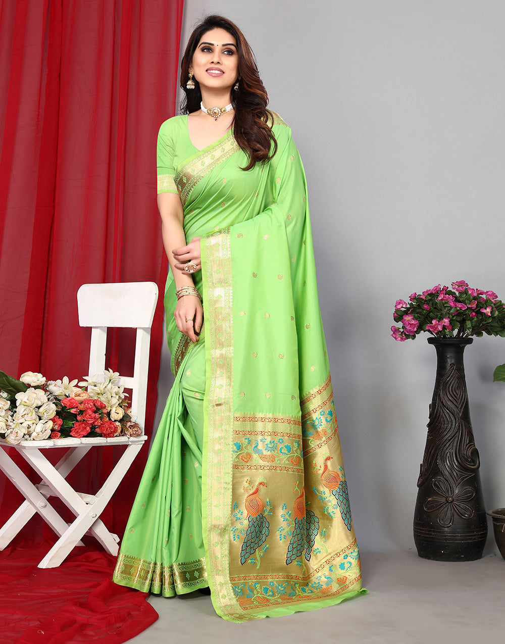 Light Green Paithani Saree With Zari Weaving Work