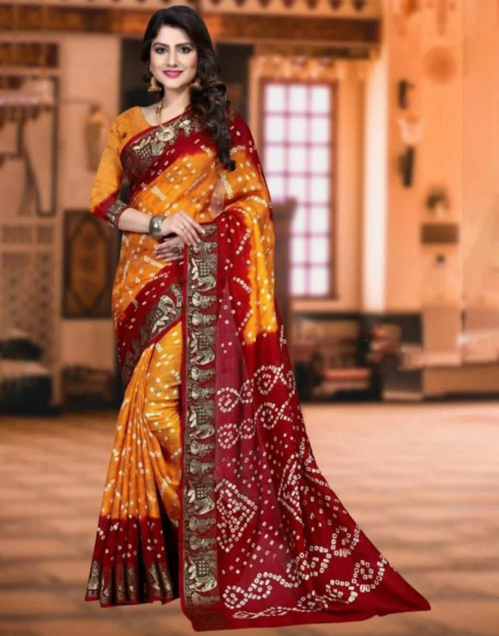 Yellow And Red Bandhani Saree Art Silk With Zari Waving Heavy  Border