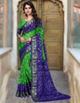 Parrot Green and Purple Bandhani Saree With Hand Bandhej Print