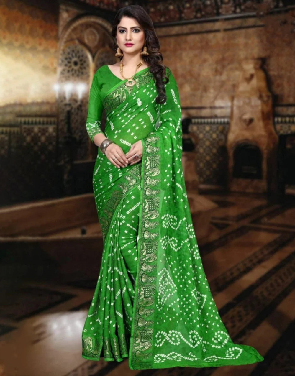 Parrot Green Soft Bandhani Saree With Hand Bandhej Print