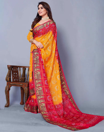 Yellow Color Heavy  Bandhani Sare  With Block Print