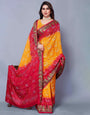 Yellow & Red Heavy Bandhani Saree With Block Printed Work