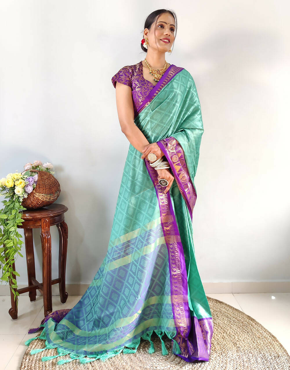 1 Min In ready To Wear Purple Green Pure Aura Cotton SIlk Saree With Jacquard Blouse Piece