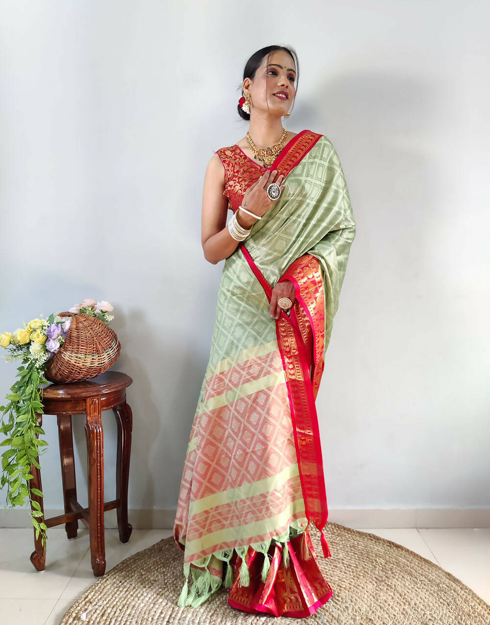 1 Min In ready To Wear Pista Red Pure Aura Cotton SIlk Saree With Jacquard Blouse Piece