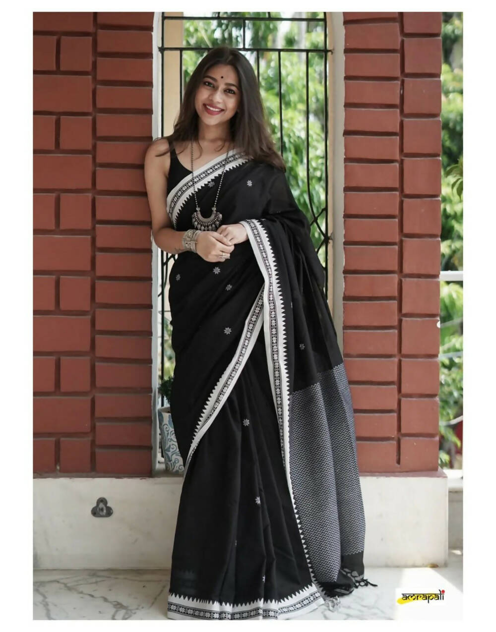 PONGAL SPECIAL. HANDWOVEN PURE MERCERISED COTTON WITH MANIPURI PATTERN THREADWORK - BLACK AND WHITE