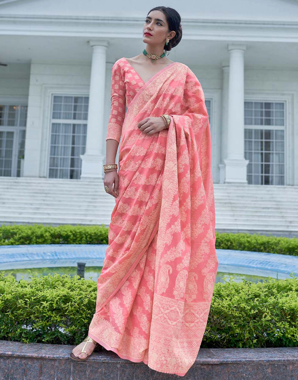 Rose Pink Colour Lucknowi Chikankari Cotton Silk Saree