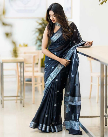 Midnight Black Colour Soft Lichi Silk Saree With Rich Pallu