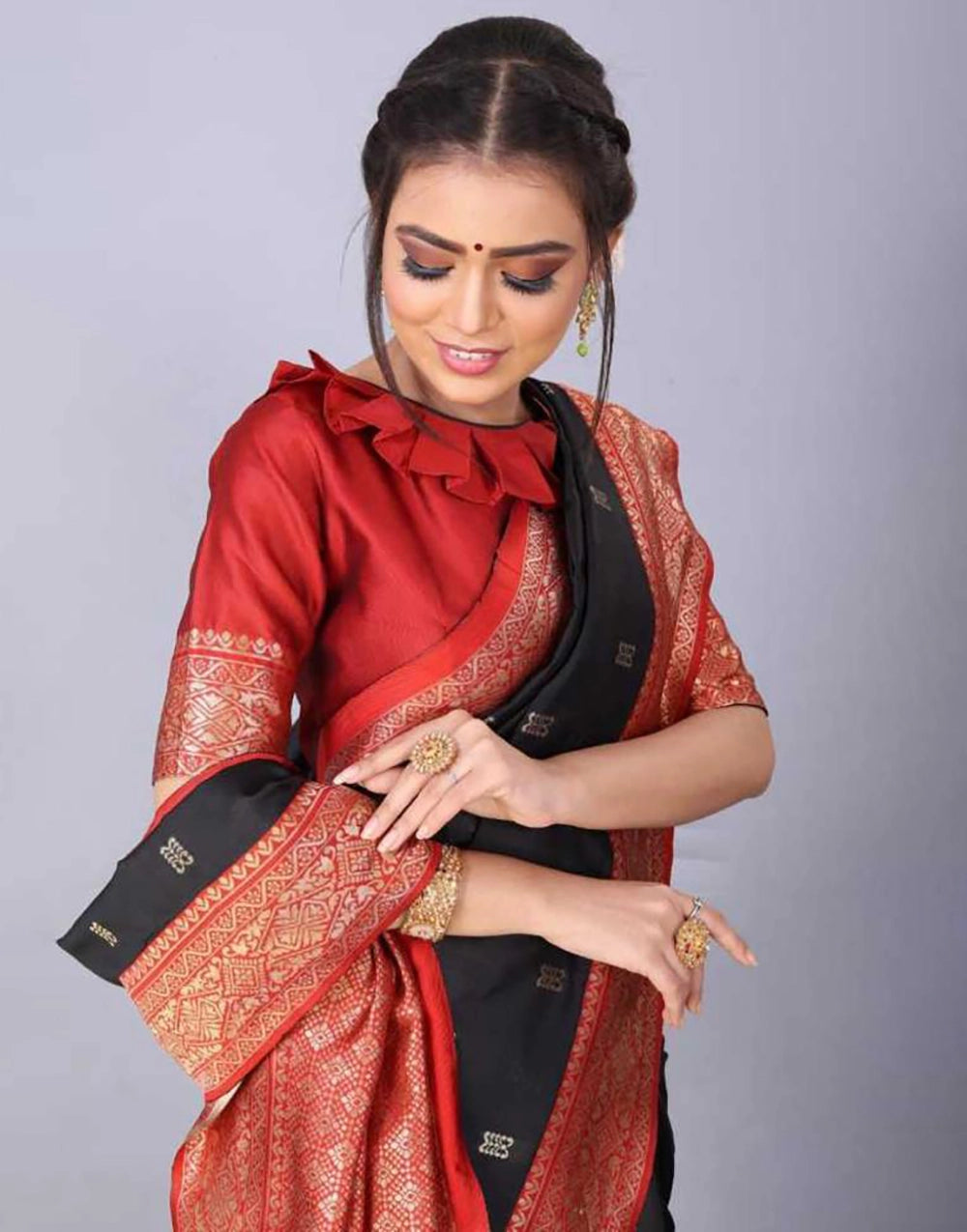 Hot Red And Black Colour Soft Lichi Silk Saree
