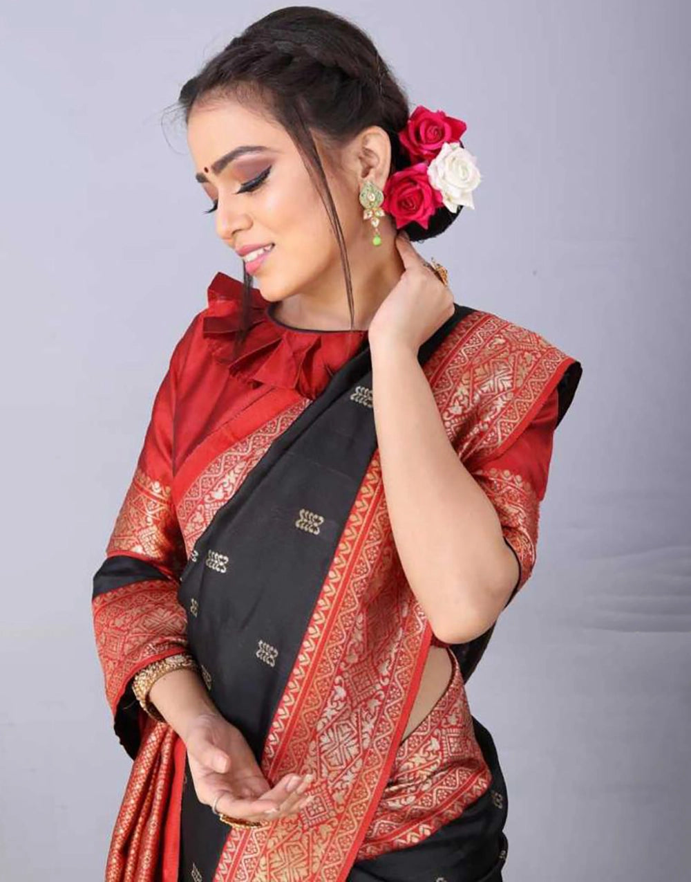 Hot Red And Black Colour Soft Lichi Silk Saree