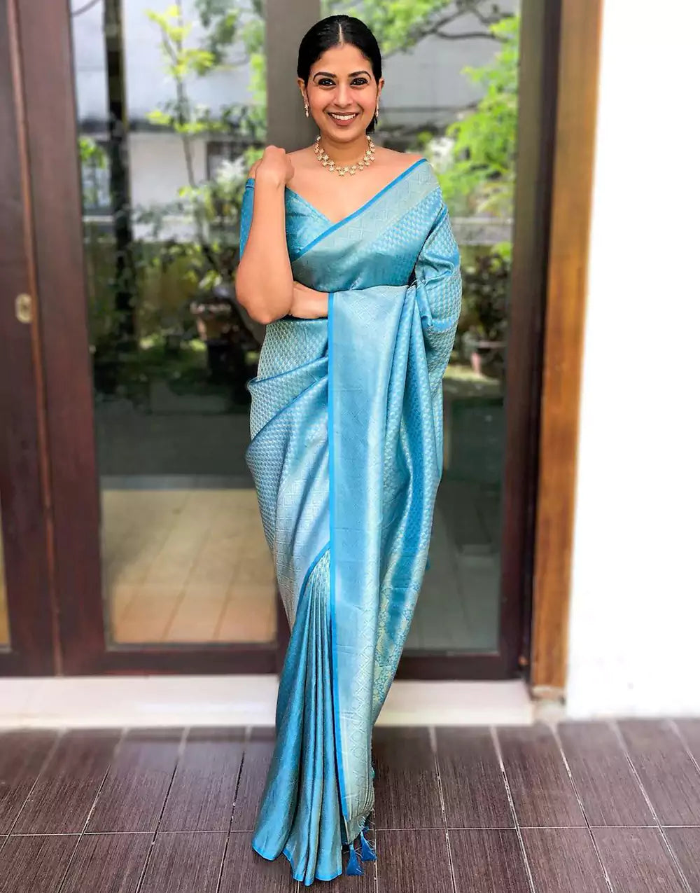 Sky blue Soft Lichi Silk Jacquard Work On All Over