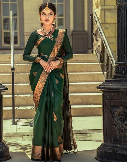 Fancy Bottle Green Soft Lichi Silk Saree With Blouse