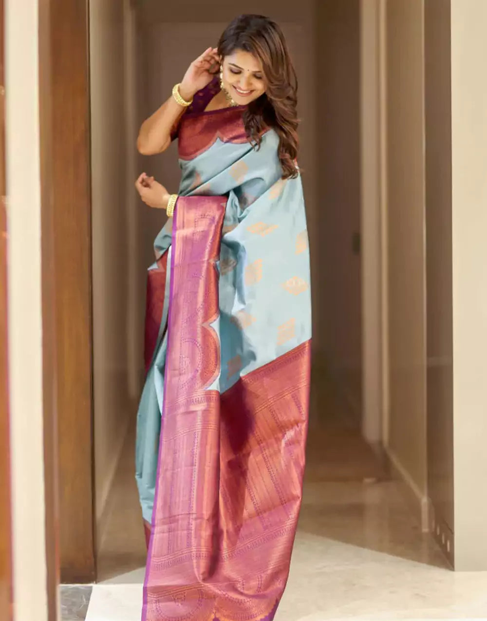 Violet And Sky Blue Colour Soft Lichi Silk Saree With Blouse