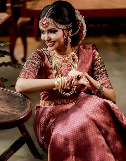 Rosewood Pink Soft Lichi Silk Saree With Weaving Work