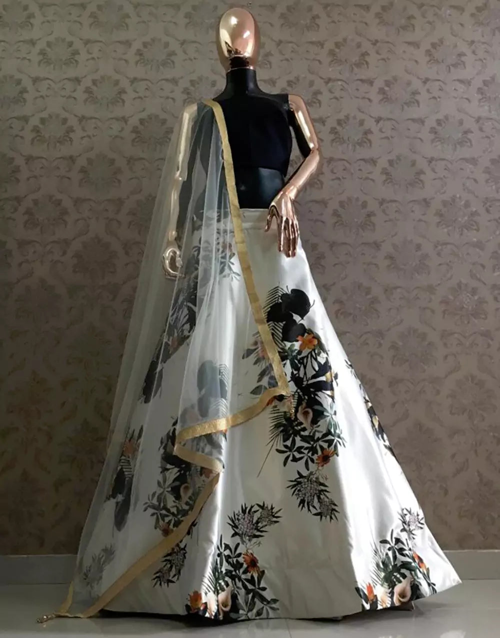 White & Black Zari Satin Printed Lehenga Choli
