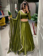 Green Rangoli Silk With Plain With Lace Border Lehenga Choli