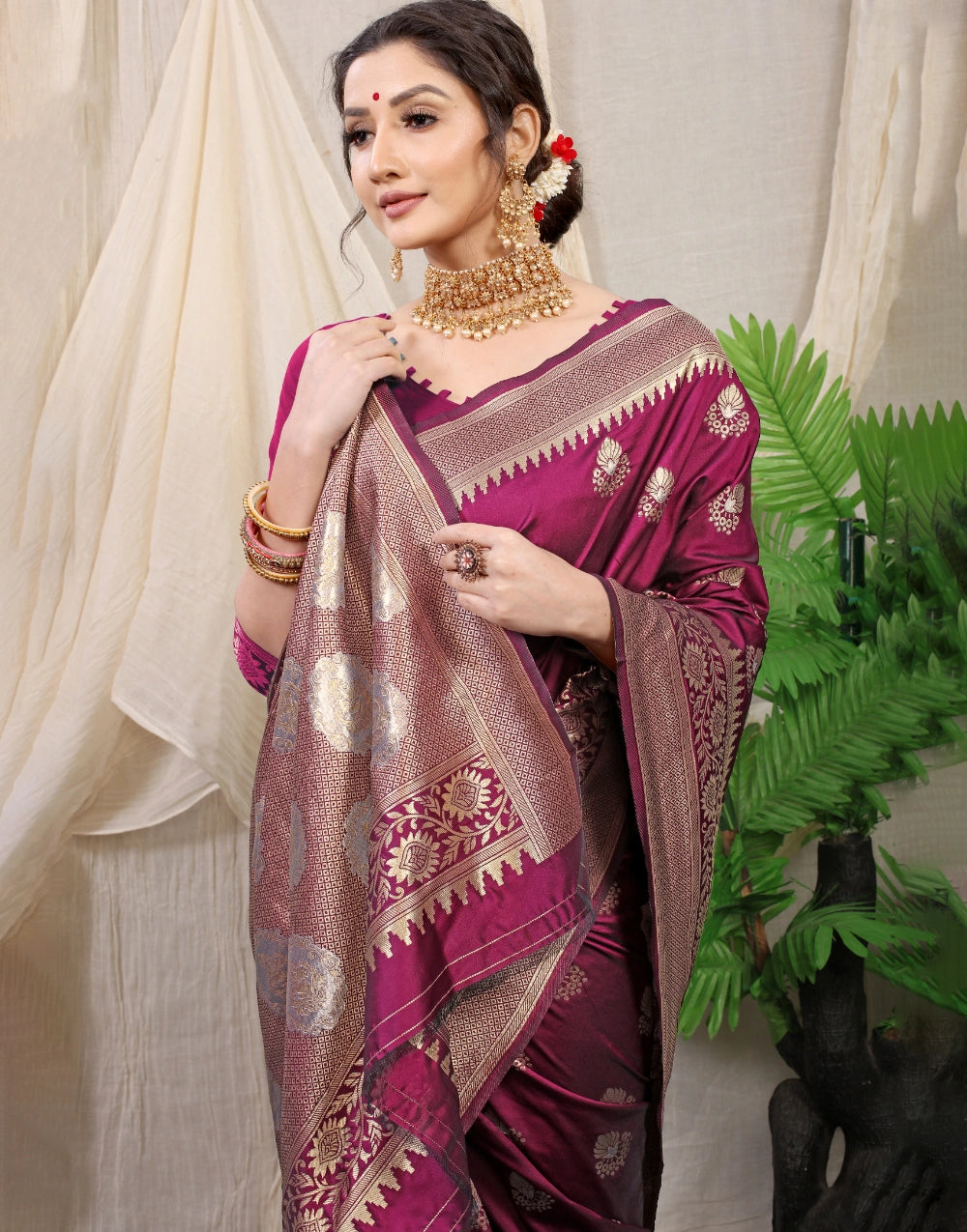 Wine New Banarasi Silk Saree With Blouse