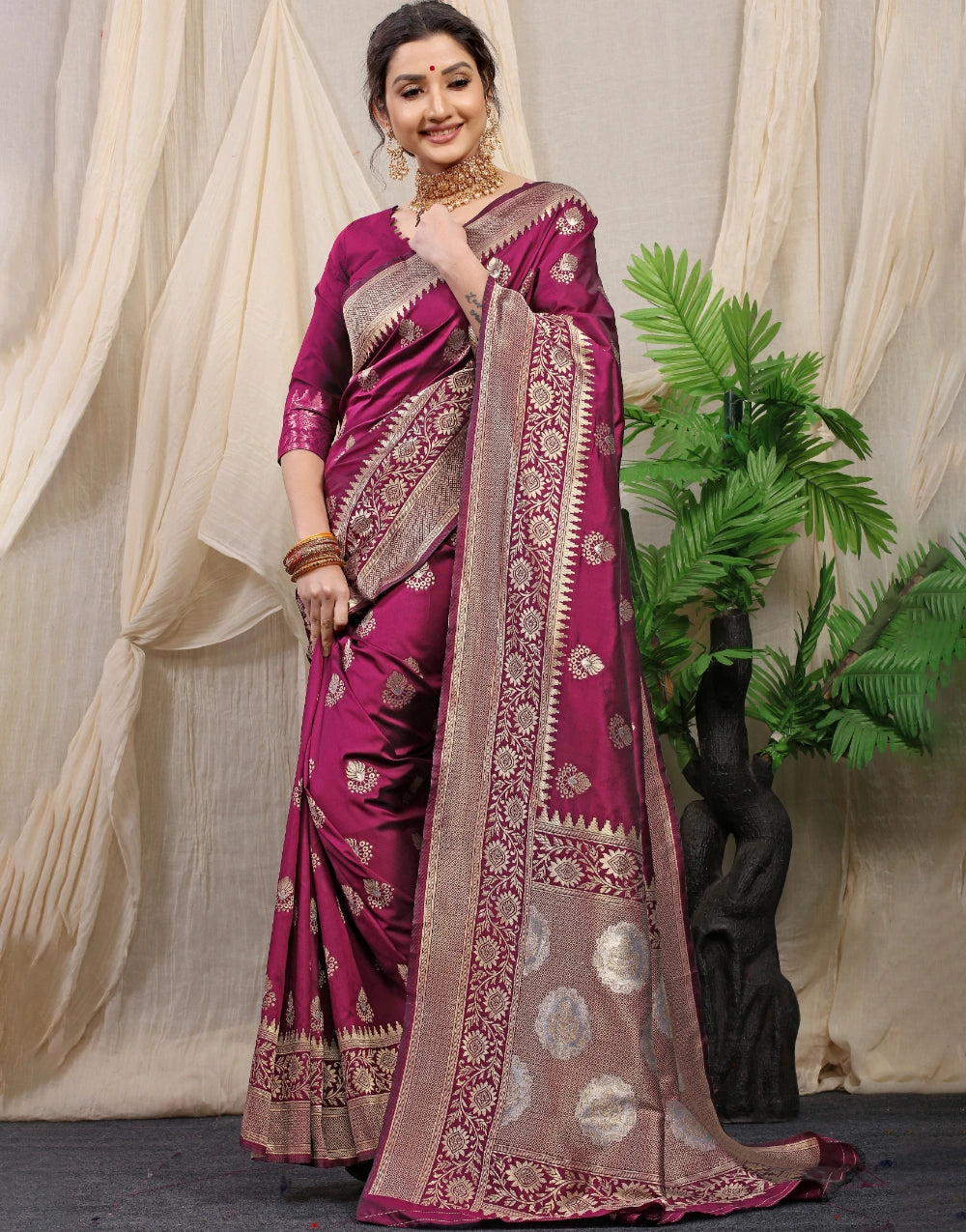 Wine New Banarasi Silk Saree With Blouse