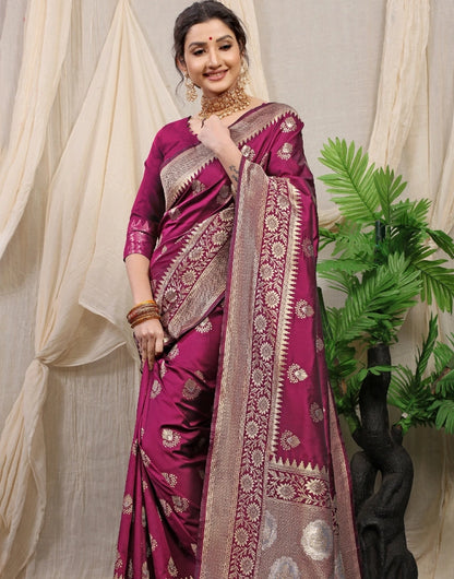 Wine New Banarasi Silk Saree With Blouse