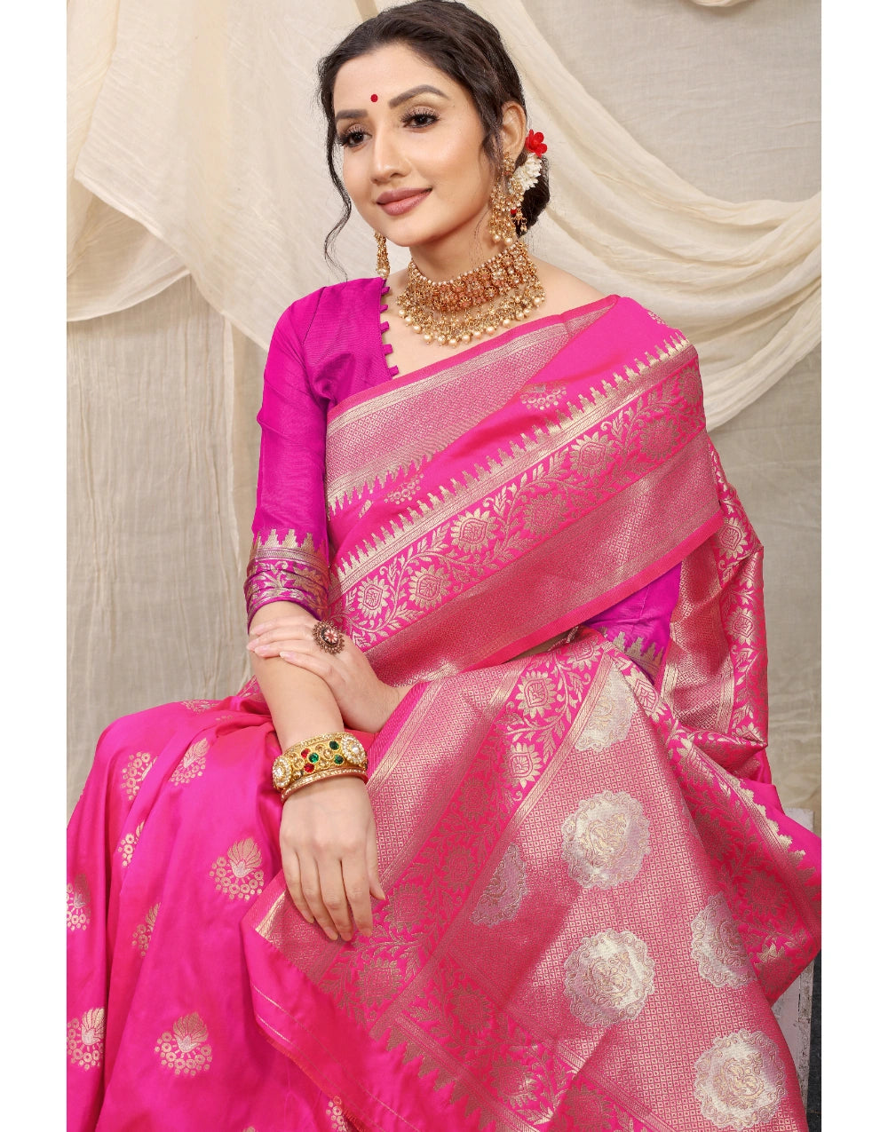 Pink Banarasi Silk Saree With blouse