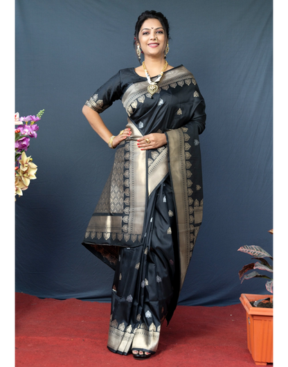 Latest Black Pure Soft Banarasi Silk Saree With Weaving Work