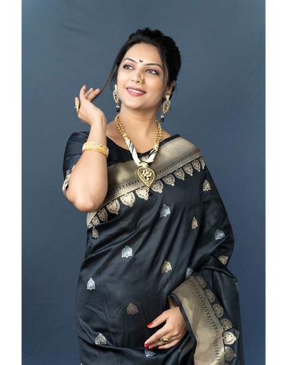 Latest Black Pure Soft Banarasi Silk Saree With Weaving Work