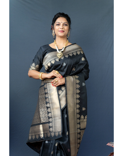 Latest Black Pure Soft Banarasi Silk Saree With Weaving Work