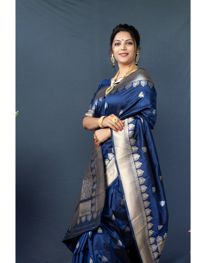 Stylish Pure Navy Blue Soft Handloom Banarasi Silk