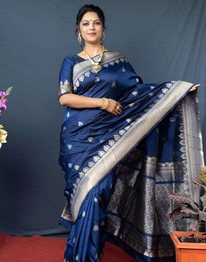 Stylish Pure Navy Blue Soft Handloom Banarasi Silk