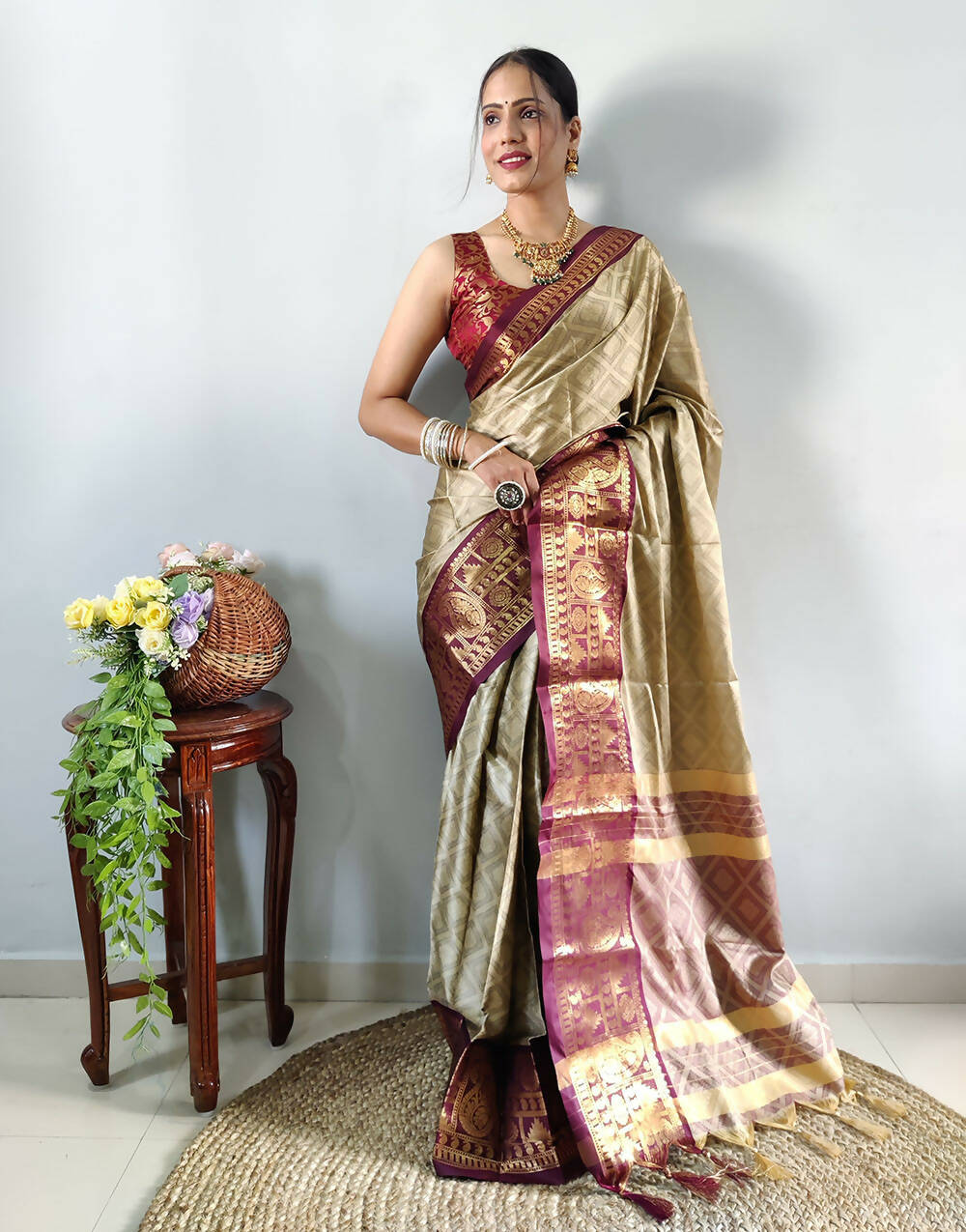 1 Min In Ready To Wear Beige Pure Aura Cotton  Saree With Jacquard Blouse Piece