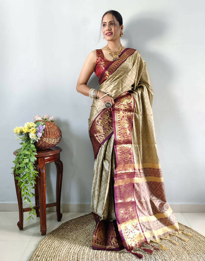 1 Min In Ready To Wear Beige Pure Aura Cotton  Saree With Jacquard Blouse Piece