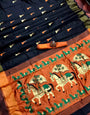 Navy Blue Colour Lichi Silk Saree With Orange Blouse