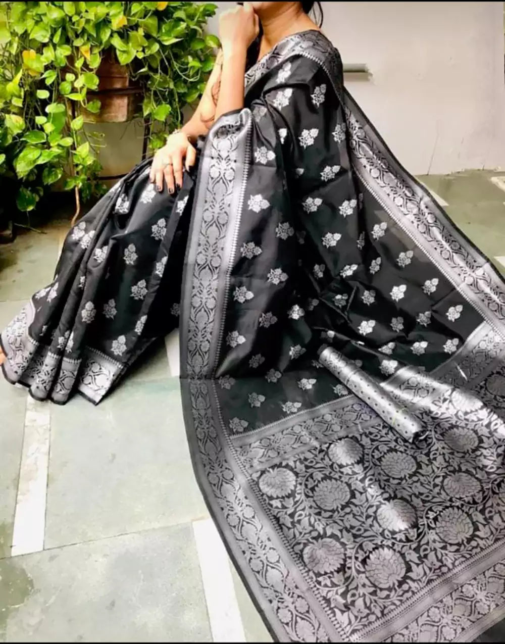 Latest Black Lichi Silk Saree With Silver Blouse