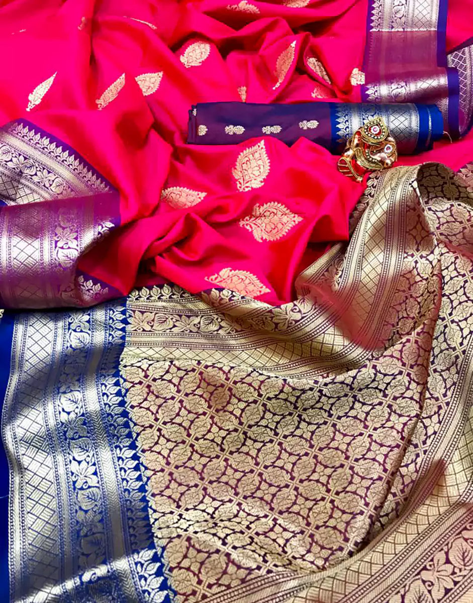 Beautiful Pink Soft Silk Saree With Blue Blouse – Sareewave