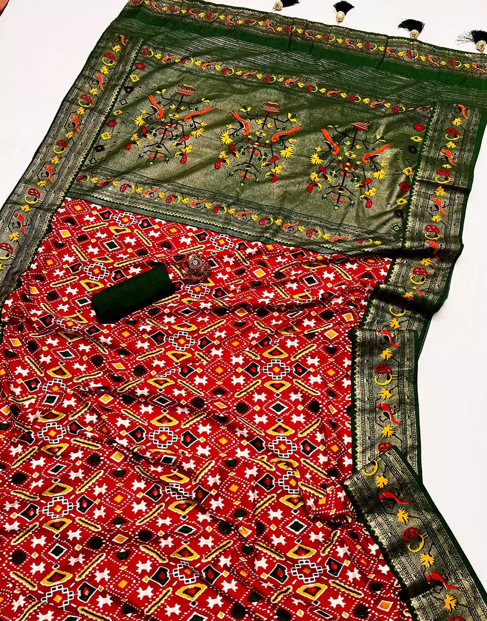 Red Patola Digital Printed Saree With Green Blouse
