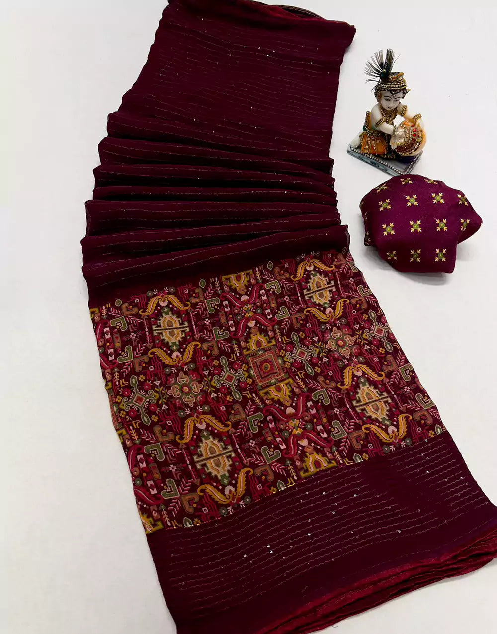 Beautiful Wine Georgette Saree With Sequence Work