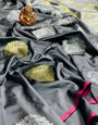 Grey Silk Saree With Zari Weaving Work