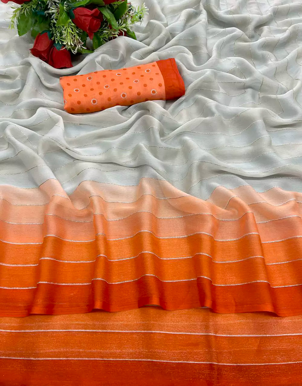 Grey & Orange Chiffon Saree With Printed Work