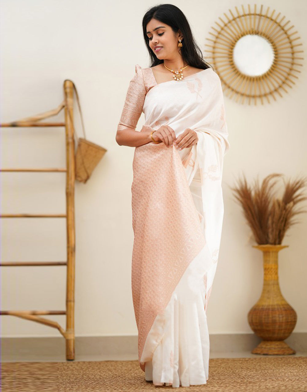 White Soft Silk With Jaquard Border & Weaving Saree